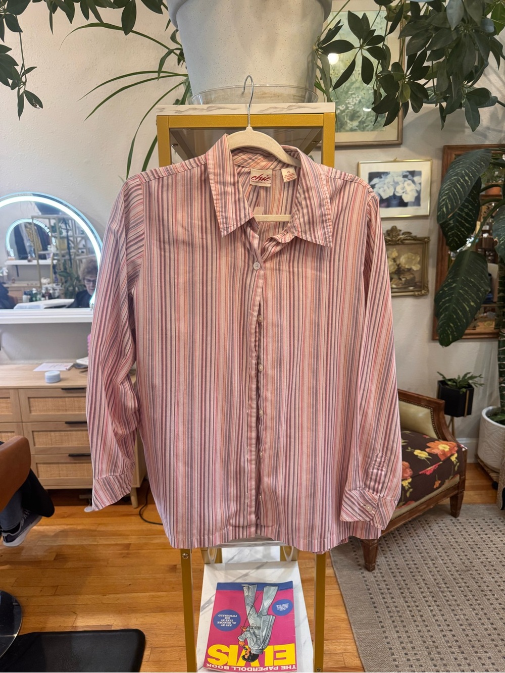 Vintage, Chic Pink Stripe Long-Sleeve Casual Button-Down Shirt